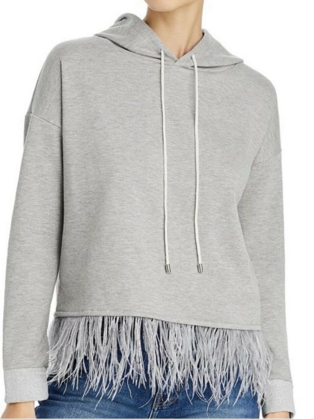 AQUA Pullover Hoodie Feather Trim Gray XS